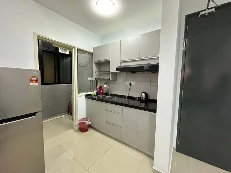 Kitchen features: grey cabinetry, black countertop, stainless-steel fridge, built-in oven, stainless-steel kettle, single-bowl stainless-steel sink, chrome pull-down faucet, ceramic tile flooring, recessed ceiling light, window with black frame, wall-mounted extractor hood; style: modern.