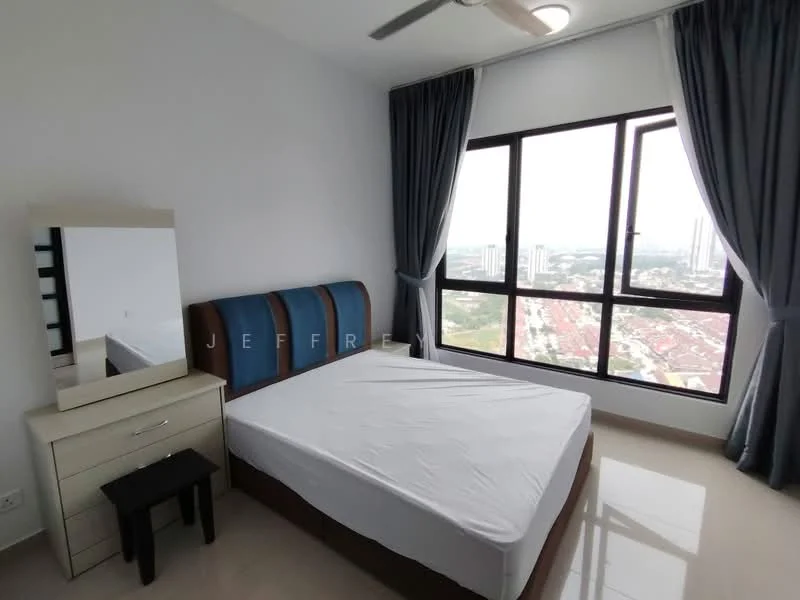 Bedroom features: king-size bed, upholstered headboard with blue accents, white bed frame, floor-to-ceiling windows, city view, light grey curtains, white painted walls, polished tile flooring, mirror on dresser, white dresser with drawers, black stool; style: modern; view: city.