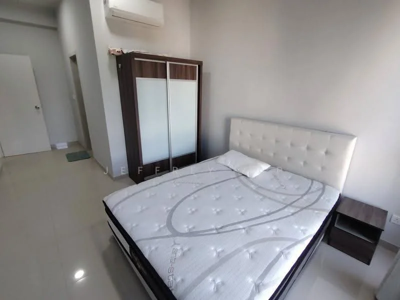 Bedroom features: queen-size bed with upholstered headboard, white mattress, dark wood bedside table, dark wood wardrobe with sliding doors, cream painted walls, glossy tile flooring, wall-mounted air conditioning unit, natural light from window; style: modern.
