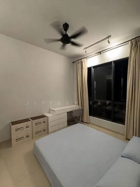 Bedroom features: white painted walls, light-colored flooring, 5-blade ceiling fan, floor-to-ceiling windows, sheer curtains, built-in dresser, queen-size bed, decorative boxes; style: modern; view: city.
