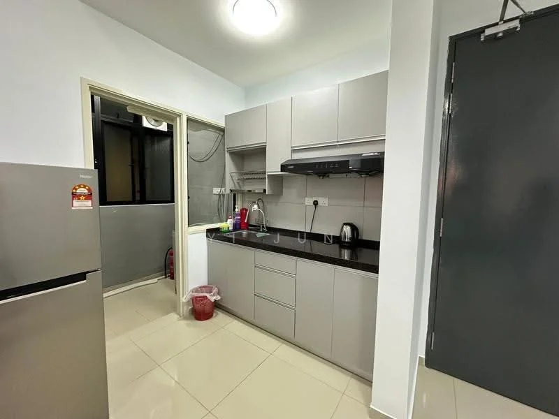Kitchen features: grey cabinetry, black countertop, stainless-steel fridge, built-in oven, stainless-steel kettle, single-bowl stainless-steel sink, chrome pull-down faucet, ceramic tile flooring, recessed downlights, wall-mounted extractor hood, window with black frame, open shelving; style: modern.