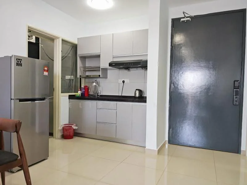 Kitchen features: grey cabinetry, stainless-steel fridge, built-in oven, 4-burner gas hob, exhaust hood, single-bowl stainless-steel sink, chrome pull-down faucet, ceramic tile flooring, white walls, recessed downlights, kettle, water dispenser, countertop with backsplash; style: modern.
