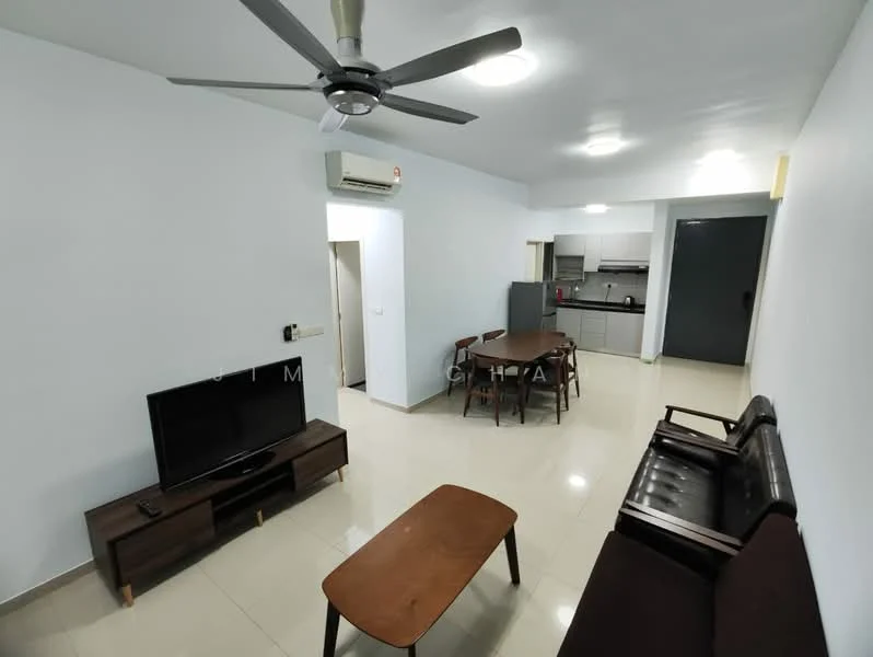 Living features: 5-blade ceiling fan with light, wall-mounted TV, wooden coffee table, 2-seater leather sofa, area rug, cream painted walls, tile flooring, air conditioning unit; style: modern. Dining features: 4-seater dining table, wooden dining chairs, cream painted walls, tile flooring; style: modern. Kitchen features: stainless-steel fridge, built-in oven, freestanding range oven, grey cabinetry, countertop, tile backsplash, sink, tile flooring; style: modern.