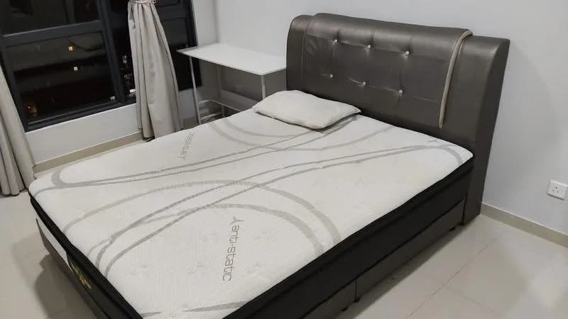 Bedroom features: king-size bed with upholstered headboard, mattress with anti-static feature, bedside pillow, white walls, floor-to-ceiling windows, curtains, light-colored flooring, side table; style: modern; view: city.