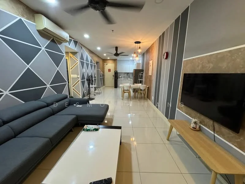 Living features: L-shape sectional sofa in grey, coffee table, wall-mounted TV, TV console in light wood, white tiled flooring, ceiling fan, recessed downlights, decorative wall with geometric pattern, air conditioning unit, dining area visible in background, open layout to kitchen; style: modern. Kitchen features: white cabinetry, stainless-steel sink, built-in oven, freestanding range oven, microwave, countertop with backsplash, dining table for four, open layout to living area; style: modern.