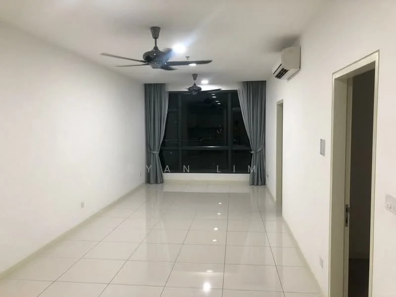 Living features: white painted walls, glossy ceramic tile flooring, 2 ceiling fans, floor-to-ceiling windows, sheer curtains, air conditioning unit, recessed downlights, neutral color scheme; style: modern; view: city.