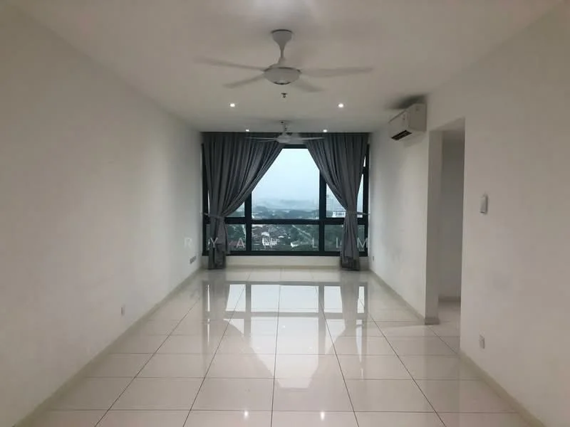 Living features: white painted walls, glossy ceramic tile flooring, 5-blade ceiling fan with light, floor-to-ceiling windows, sheer curtains, air conditioning unit, recessed downlights; style: modern; view: city.