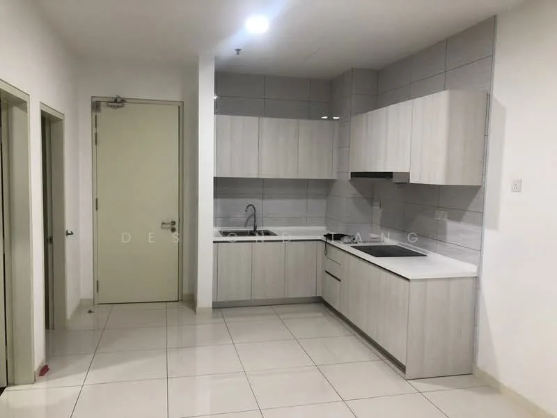 Kitchen features: light wood cabinetry, white countertop, stainless-steel sink, chrome pull-down faucet, built-in stove, built-in oven, ceramic tile flooring, grey tiled backsplash, recessed downlights, wall-mounted range hood; style: modern. Room features: white painted walls, door to hallway, door to storage.