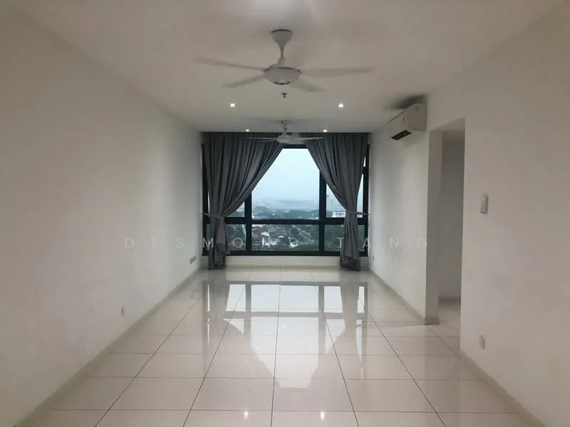 Living features: white painted walls, glossy ceramic tile flooring, tray ceiling, 2-blade ceiling fan, floor-to-ceiling windows, sheer curtains, city view, air conditioning unit; style: modern; view: city.