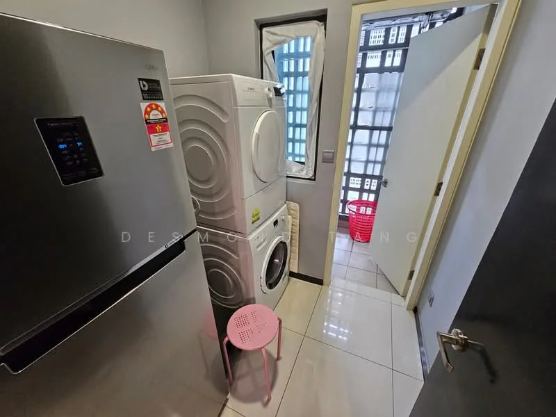 Laundry features: stainless-steel fridge, front-load washing machine, front-load dryer, white tiled flooring, grey painted walls, window with sheer curtains, pink plastic stool, red laundry basket, door leading to hallway; style: modern.