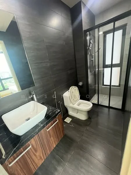 Bathroom features: dark grey tiled walls, black marble countertop, wooden vanity cabinet, white vessel sink, chrome basin mixer faucet, one-piece toilet, walk-in shower with glass enclosure, rain shower head, handheld shower, floor-to-ceiling window, city view; style: modern; view: city.