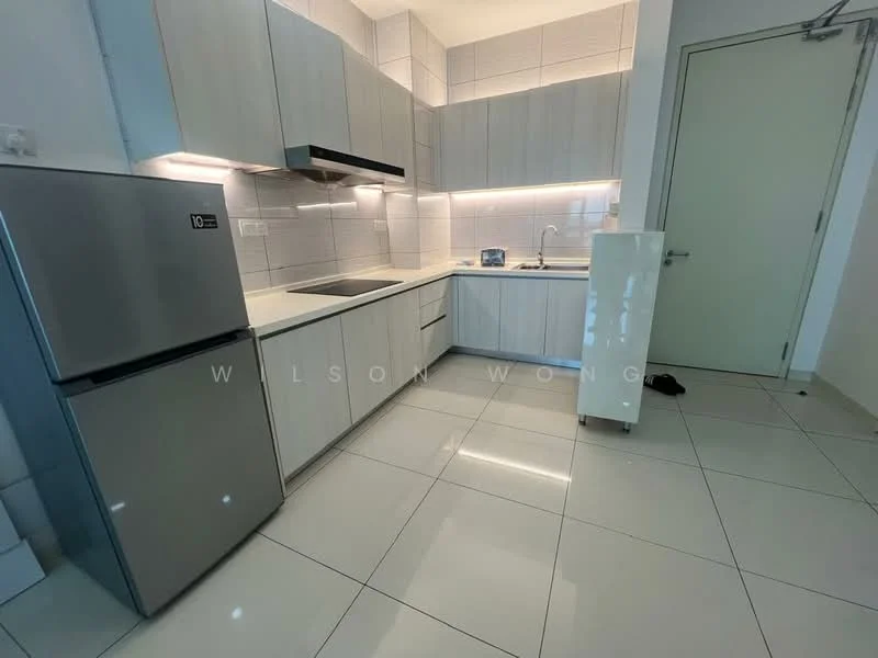 Kitchen features: grey laminate cabinetry, white countertop, stainless-steel fridge, built-in oven, stainless-steel range hood, single-bowl stainless-steel sink, chrome pull-down faucet, ceramic tile flooring, recessed LED downlights, white tiled backsplash, open shelving, wall-mounted cabinets; style: modern.