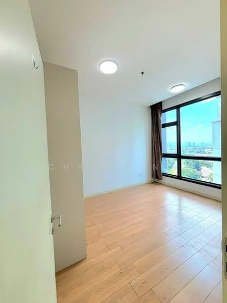 Room features: laminate flooring, white painted walls, floor-to-ceiling windows, curtains, recessed downlights, single door, city view; style: modern; view: city.