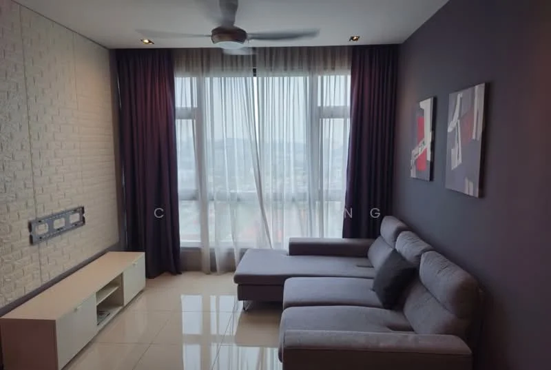 Living features: grey fabric L-shape sectional sofa, white TV console, wall-mounted TV, cream tiled flooring, exposed brick accent wall, floor-to-ceiling windows, sheer curtains, dark purple painted walls, recessed downlights, ceiling fan with light; style: modern; view: city.