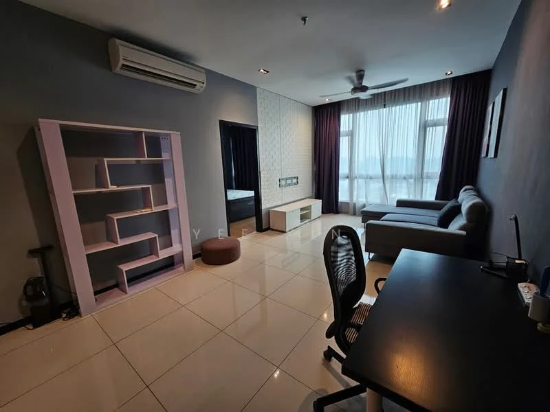 Living features: grey fabric sofa, coffee table, wall-mounted TV, black office desk, office chair, built-in shelving unit in pink, floor-to-ceiling windows, curtains, air conditioning unit, tile flooring, decorative wall with geometric pattern, light fixtures; style: modern; view: city.