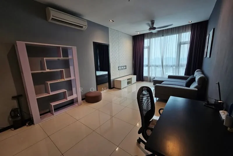 Living features: grey fabric sofa, coffee table, black desk with chair, built-in shelving unit in purple, floor-to-ceiling windows, curtains, air conditioning unit, tile flooring, recessed lighting, ceiling fan; style: modern; view: city. Room features: bed visible through doorway, dark door frame.