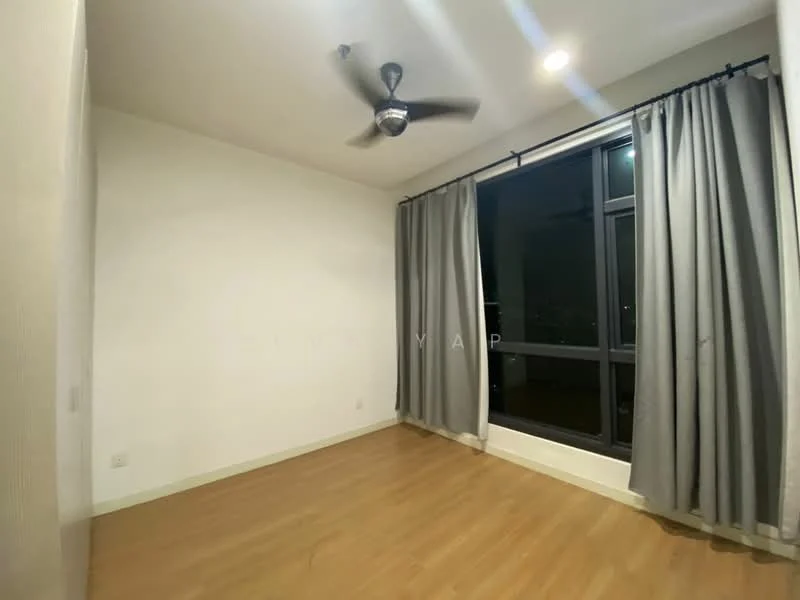 Bedroom features: wooden flooring, white painted walls, 5-blade ceiling fan, floor-to-ceiling windows, grey curtains, city view; style: modern; view: city.