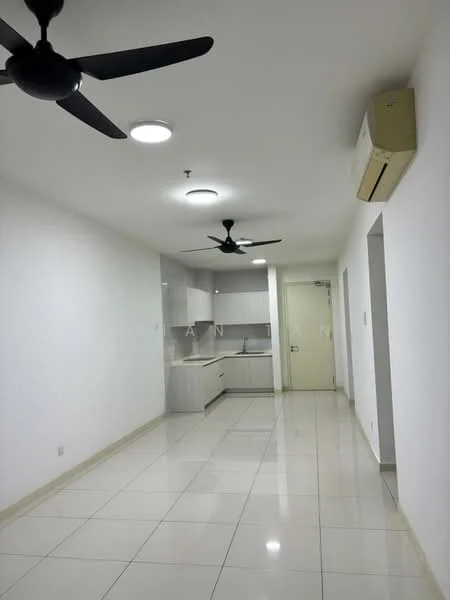 Room features: white painted walls, glossy ceramic tile flooring, 2 ceiling fans, recessed downlights, wall-mounted split AC, open kitchen layout, kitchen cabinetry, countertop, door to adjacent room; style: modern.