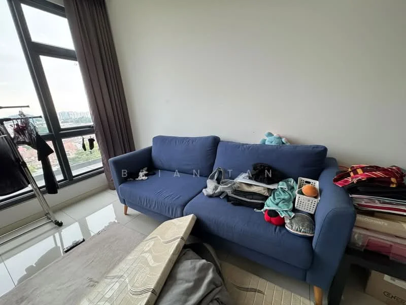 Living features: blue fabric 3-seater sofa, floor-to-ceiling windows, city view, light-colored wall, glossy tile flooring, area rug, clothes on sofa, clothes rack, decorative items on sofa; style: modern; view: city.