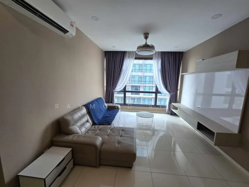Living features: 3-seater leather sofa in beige, blue fabric sofa, coffee table, wall-mounted TV console, floor-to-ceiling windows, sheer curtains, recessed downlights, air conditioning unit, glossy tile flooring, neutral painted walls, ceiling fan with light; style: modern; view: city.