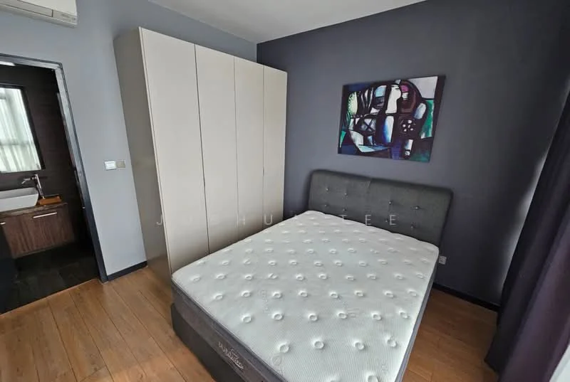 Bedroom features: queen-size bed with upholstered headboard, built-in wardrobe with sliding doors, dark grey accent wall, light wood flooring, window with sheer curtains, decorative artwork on wall, nightstand, recessed lighting; style: modern.