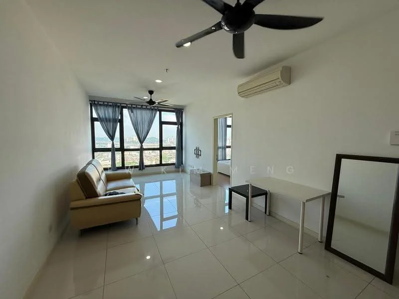 Living features: cream leather sofa, 2-blade ceiling fan, floor-to-ceiling windows, sheer curtains, white painted walls, polished ceramic tile flooring, air conditioning unit, glass coffee table, mirror, side table; style: modern; view: city.