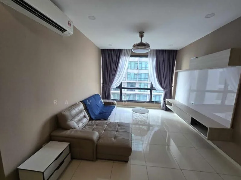 Living features: 3-seater leather sofa in beige, blue fabric sofa bed, white coffee table, wall-mounted TV console, floor-to-ceiling windows, sheer curtains, recessed downlights, wall-mounted split AC, glossy tile flooring, cream painted walls, decorative ceiling light; style: modern; view: city.