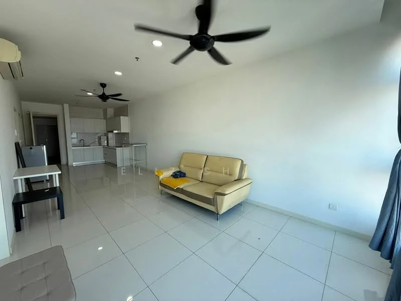 Living features: 3-seater leather sofa in beige, floor-to-ceiling windows, white painted walls, glossy tile flooring, 2 ceiling fans, recessed downlights, blackout curtains, open layout to kitchen, air conditioning unit; style: modern. Kitchen features: white cabinetry, stainless-steel fridge, built-in oven, ceramic cooktop, countertop with bar seating, open shelving, tile backsplash; style: modern.