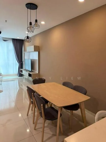 Dining features: wooden dining table, 4 upholstered dining chairs in grey, wall-mounted TV, light grey feature wall, white glossy tile flooring, hanging pendant lights with wire cages, floor-to-ceiling windows with sheer curtains, built-in storage unit, decorative wall shelf; style: modern.