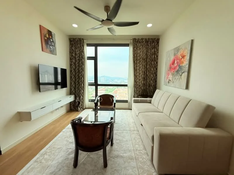 Living features: 3-seater fabric sofa in beige, glass coffee table, 2 upholstered chairs, wall-mounted TV, white TV console, floor-to-ceiling windows, curtains with floral pattern, wooden flooring, decorative artwork on walls, ceiling fan with light; style: modern; view: city.