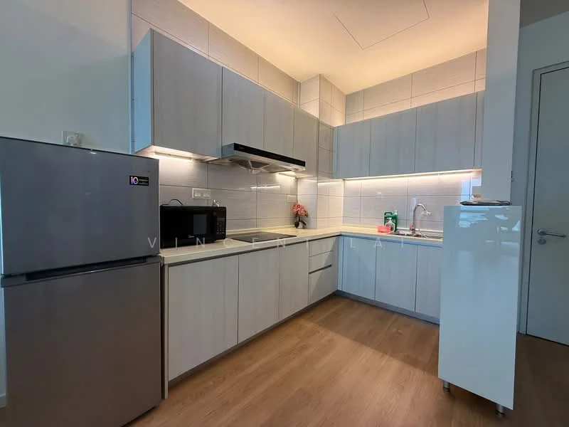 Kitchen features: grey cabinetry, white countertops, stainless-steel fridge, built-in microwave, stainless-steel range hood, single-bowl stainless-steel sink, chrome pull-down faucet, tile backsplash, recessed LED downlights, wood laminate flooring; style: modern.