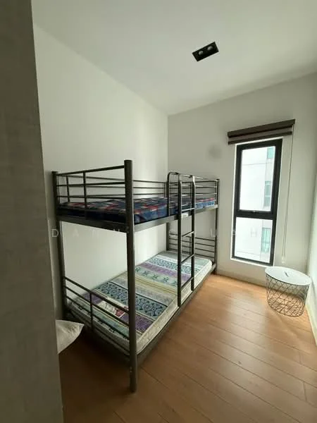 Bedroom features: bunk bed with metal frame, mattresses on both levels, wooden flooring, white painted walls, floor-to-ceiling window, roller blinds, decorative basket, ceiling light fixture; style: modern.