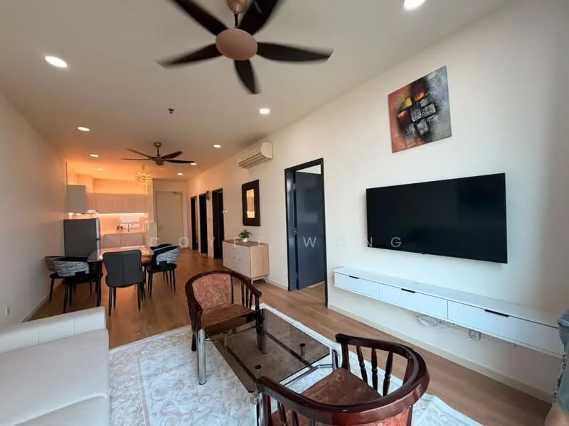Living features: 3-blade ceiling fan, wall-mounted TV, white TV console, glass coffee table, 2 wooden armchairs, area rug with geometric pattern, light wood flooring, recessed downlights, decorative wall art; style: modern. Kitchen features: open-plan kitchen, white cabinetry, kitchen island, stainless-steel appliances, light wood flooring; style: modern.