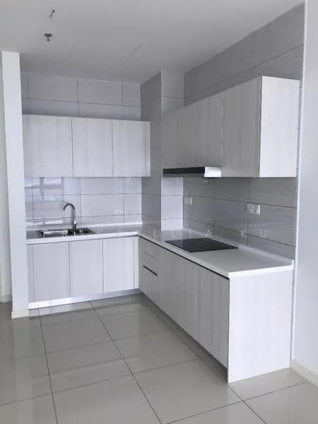 Kitchen features: light wood cabinetry, white countertop, stainless-steel sink, chrome pull-down faucet, built-in stove, wall-mounted range hood, ceramic tile flooring, grey tiled backsplash, under-cabinet lighting; style: modern.