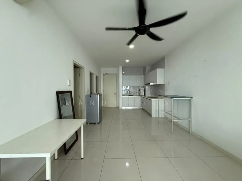 Living features: white painted walls, glossy tile flooring, ceiling fan, recessed downlights, open kitchen layout, kitchen island, stainless-steel fridge, dining table, sliding door to balcony, neutral color scheme; style: modern.