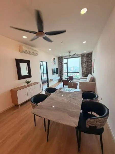 Dining features: marble dining table, 4 upholstered dining chairs, wooden sideboard, 5-blade ceiling fan, floor-to-ceiling windows, curtains, wooden flooring, wall-mounted TV, sofa in living area visible, decorative mirror; style: modern; view: city.