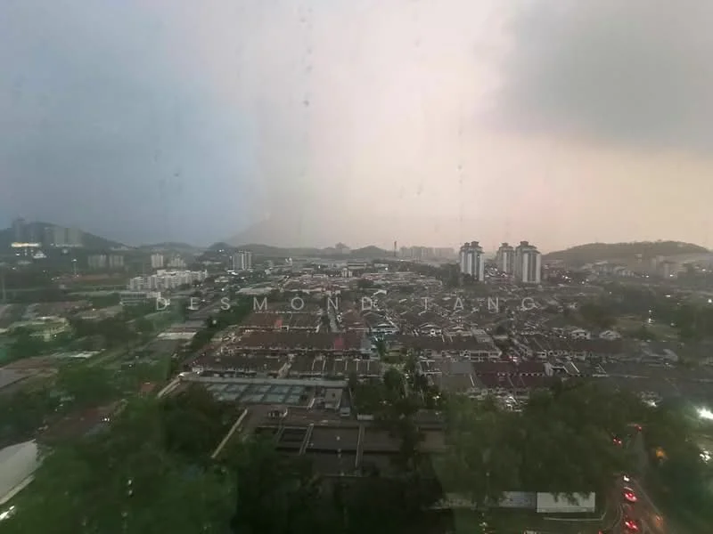 Exterior type: high-rise condominium; features: city skyline view, surrounded by residential buildings, mountainous backdrop, urban landscape, cloudy sky, visible rooftops of nearby structures; style: modern.