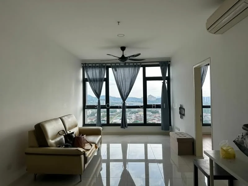 Living features: 3-seater leather sofa in beige, floor-to-ceiling windows, sheer curtains, white painted walls, polished ceramic tile flooring, 5-blade ceiling fan, mounting brackets for wall-mounted TV, decorative mirror, city view, light from windows; style: modern; view: city.