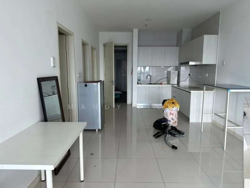 Room features: white painted walls, glossy tile flooring, kitchen cabinetry in white, stainless-steel fridge, built-in sink, countertop, open layout, table, vacuum cleaner, mirror, doorway leading to another room; style: modern.