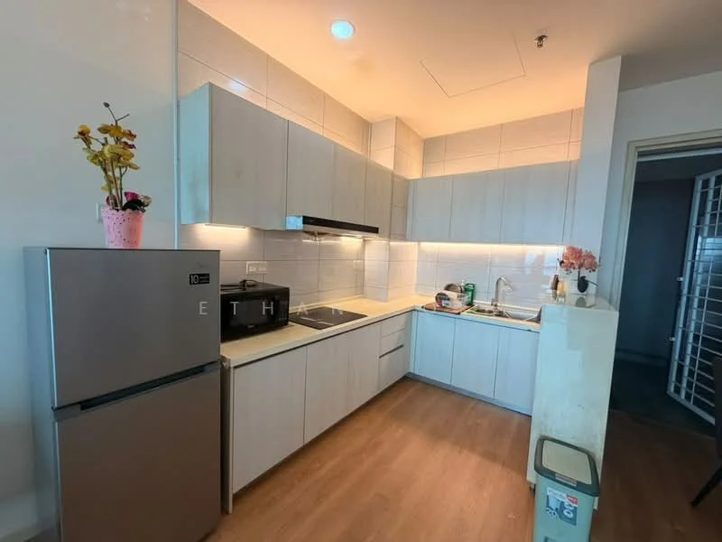Kitchen features: light wood cabinetry, white tiled backsplash, stainless-steel sink, chrome pull-down faucet, built-in microwave, black countertop, stainless-steel fridge, ceramic tile flooring, recessed downlights, open shelving, kitchen island, wall-mounted range hood; style: modern.