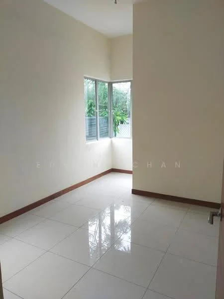Room features: white painted walls, glossy ceramic tile flooring, two large windows, natural light from windows, wooden door, neutral color scheme, no visible furniture, minimalist decor; style: minimalist; view: garden.