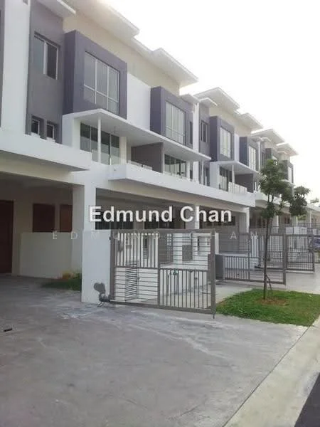 Exterior type: linked terrace house; features: white painted facade, grey accent walls, multiple storeys, balconies on upper floors, manicured lawn, fenced front yard, driveway with interlocking pavers, modern architectural design; style: modern.