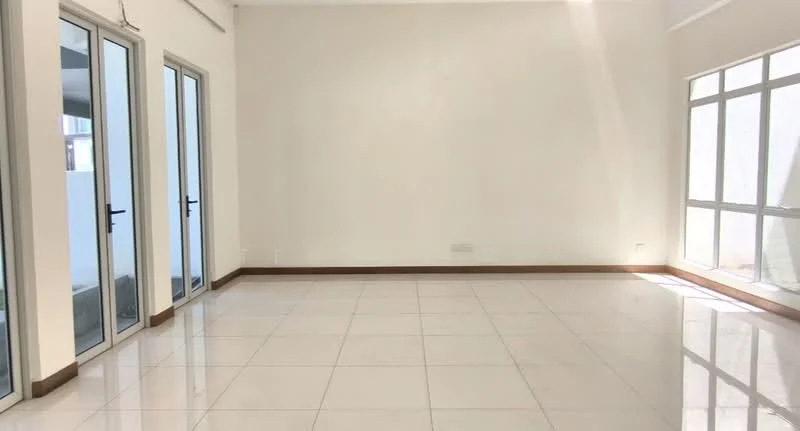 Room features: white painted walls, glossy ceramic tile flooring, floor-to-ceiling windows, sliding glass doors, natural light from windows, neutral color scheme, high ceiling, minimalist decor; style: modern.