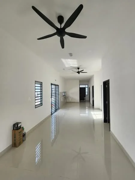 Hallway features: white painted walls, polished ceramic tile flooring, 2 ceiling fans, floor-to-ceiling windows, black doors, natural light from skylight, minimalist decor, open layout; style: modern.