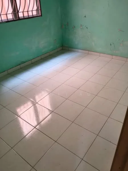 Room features: green painted walls, glossy white tile flooring, square layout, single window, natural light from window.