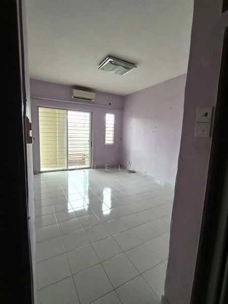 Room features: light purple painted walls, white tiled flooring, ceiling-mounted air conditioning unit, sliding glass door, window with horizontal slats, natural light from sliding door, plain ceiling, no visible furniture.