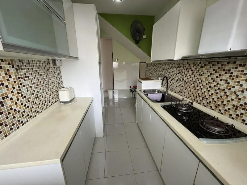 Kitchen features: white cabinetry, cream countertop, mosaic tile backsplash in brown and beige, stainless-steel sink, chrome pull-down faucet, 2-burner gas hob, built-in oven, wall-mounted fan, ceramic tile flooring, recessed lighting, open shelving, under-cabinet lighting; style: modern.