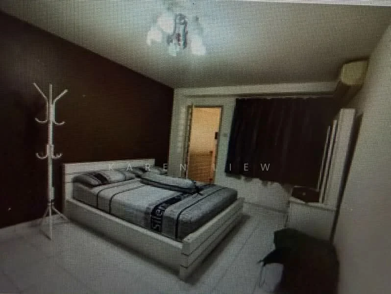 Bedroom features: king-size bed with grey bedding, white bed frame, dark brown accent wall, white painted walls, tile flooring, ceiling light fixture, black curtains, coat rack, air conditioning unit, nightstand, door leading to another room; style: modern.
