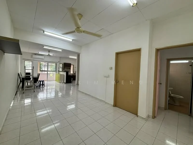 Living features: white painted walls, glossy white tile flooring, 5-blade ceiling fan with light, large windows with natural light, open layout, dining area with high chairs, wall-mounted shelving unit, doorway leading to bathroom, doorway leading to kitchen; style: modern. Room features: white painted walls, glossy white tile flooring, doorway leading to living area, doorway leading to bathroom.