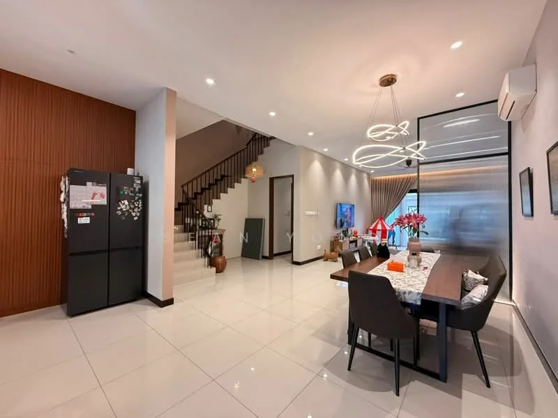 Dining features: white glossy tile flooring, wooden dining table with decorative table runner, upholstered dining chairs, recessed LED downlights, modern pendant light fixture, wall-mounted TV, black refrigerator, staircase with wooden handrail, large glass sliding door, decorative vase with flowers, wall with wood paneling, air conditioning unit; style: modern.